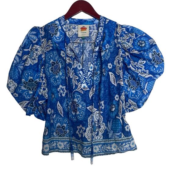Farm Rio Blue Full of Flowers Blouse Baloon sleeves Sz XS - Picture 1 of 5